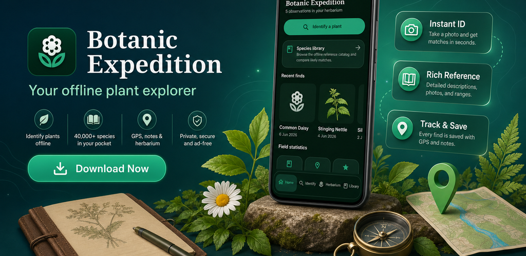 Botanic Expedition app banner with phone screens and plant field tools