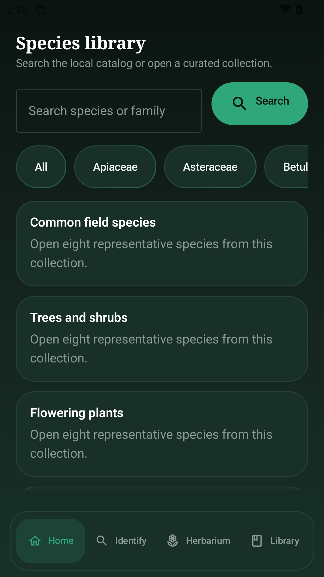 Botanic Expedition species library screen